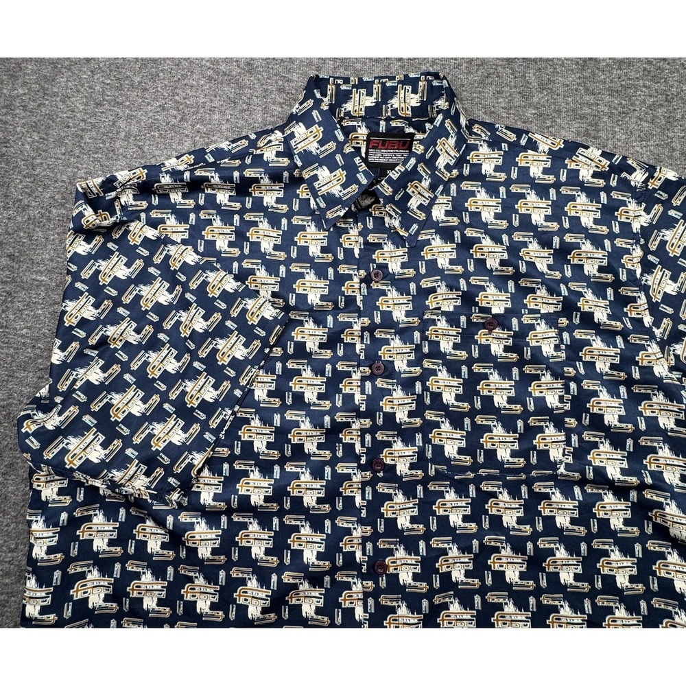 FUBU Button Up Short Sleeve Shirt Blue Gold Mens Size XL Spell Out Y2K Street‎